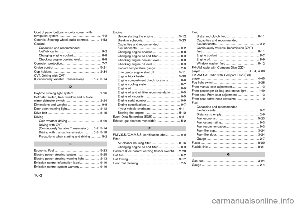 NISSAN CUBE 2011 3.G Service Manual Black plate (2,1)
10-2Control panel buttons — color screen with
navigation system.................................... 4-2
Controls, Steering wheel audio controls ......... 4-53
Coolant Capacities an NISSAN CUBE 2011 3.G Service Manual Black plate (2,1)
10-2Control panel buttons — color screen with
navigation system.................................... 4-2
Controls, Steering wheel audio controls ......... 4-53
Coolant Capacities an