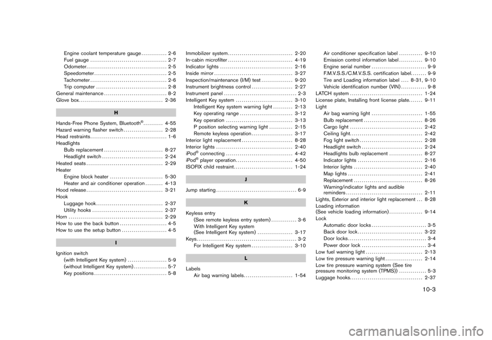 NISSAN CUBE 2011 3.G Service Manual Black plate (3,1)
Engine coolant temperature gauge............. 2-6
Fuel gauge ....................................... 2-7
Odometer ......................................... 2-5
Speedometer ..........