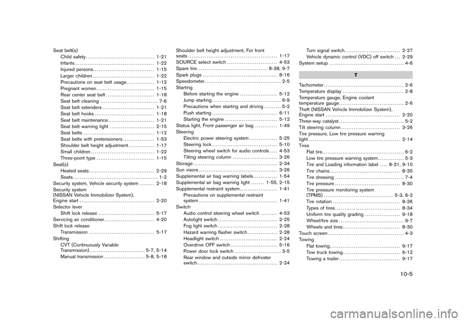 NISSAN CUBE 2011 3.G Owners Guide Black plate (5,1)
Seat belt(s)Child safety ..................................... 1-21
Infants ........................................... 1-22
Injured persons ................................. 1-15
La