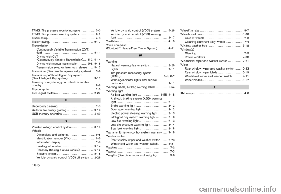 NISSAN CUBE 2011 3.G Owners Manual Black plate (6,1)
10-6TPMS, Tire pressure monitoring system........... 5-3
TPMS, Tire pressure warning system .............. 6-2
Traffic setup .......................................... 4-8
Trailer to