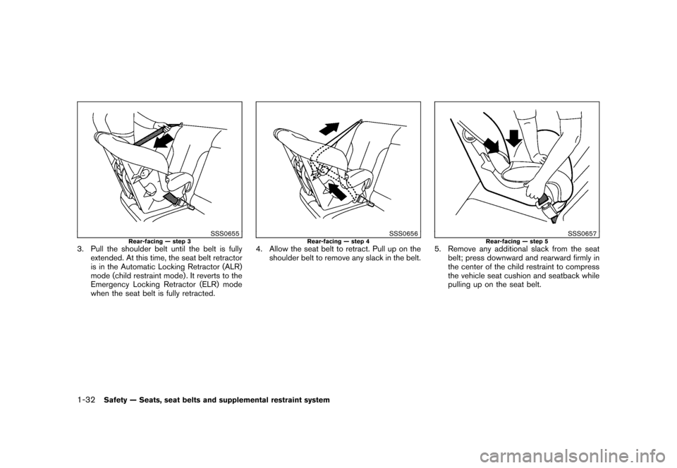 NISSAN CUBE 2011 3.G User Guide Black plate (46,1)
Model "Z12-D" EDITED: 2010/ 9/ 27
SSS0655
Rear-facing — step 3
3. Pull the shoulder belt until the belt is fullyextended. At this time, the seat belt retractor
is in the Automatic