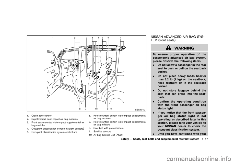 NISSAN CUBE 2011 3.G Repair Manual Black plate (61,1)
Model "Z12-D" EDITED: 2010/ 9/ 27
SSS1049
1. Crash zone sensor
2. Supplemental front-impact air bag modules
3. Front seat-mounted side-impact supplemental airbag modules
4. Occupant