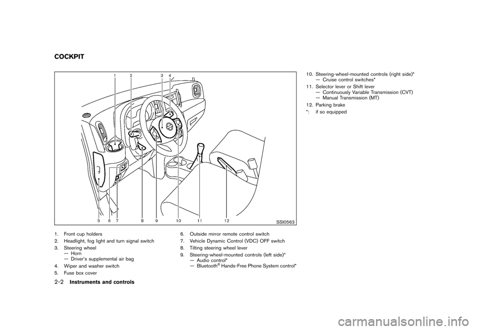 NISSAN CUBE 2011 3.G Owners Manual Black plate (74,1)
Model "Z12-D" EDITED: 2010/ 9/ 27
SSI0563
1. Front cup holders
2. Headlight, fog light and turn signal switch
3. Steering wheel— Horn
— Driver’s supplemental air bag
4. Wiper 