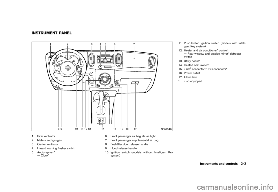 NISSAN CUBE 2011 3.G Manual PDF Black plate (75,1)
Model "Z12-D" EDITED: 2010/ 9/ 27
SSI0840
1. Side ventilator
2. Meters and gauges
3. Center ventilator
4. Hazard warning flasher switch
5. Audio system*— Clock* 6. Front passenger