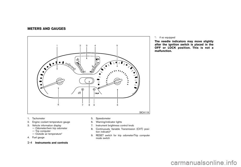 NISSAN CUBE 2011 3.G Owners Manual Black plate (76,1)
Model "Z12-D" EDITED: 2010/ 9/ 27
SIC4119
1. Tachometer
2. Engine coolant temperature gauge
3. Vehicle information display— Odometer/twin trip odometer
— Trip computer
— Outsi