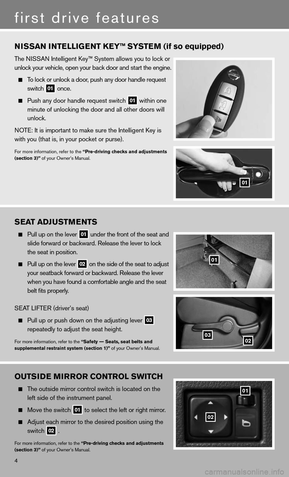 NISSAN CUBE 2011 3.G Quick Reference Guide OuTSIDe MIrrOr CONTr OL SwITCH
  The outside mirror control switch is located on the 
    left side of the instrument panel.  
 
  Move the switch
 01 to select the left or right mirror.
 
 
  Adjust 