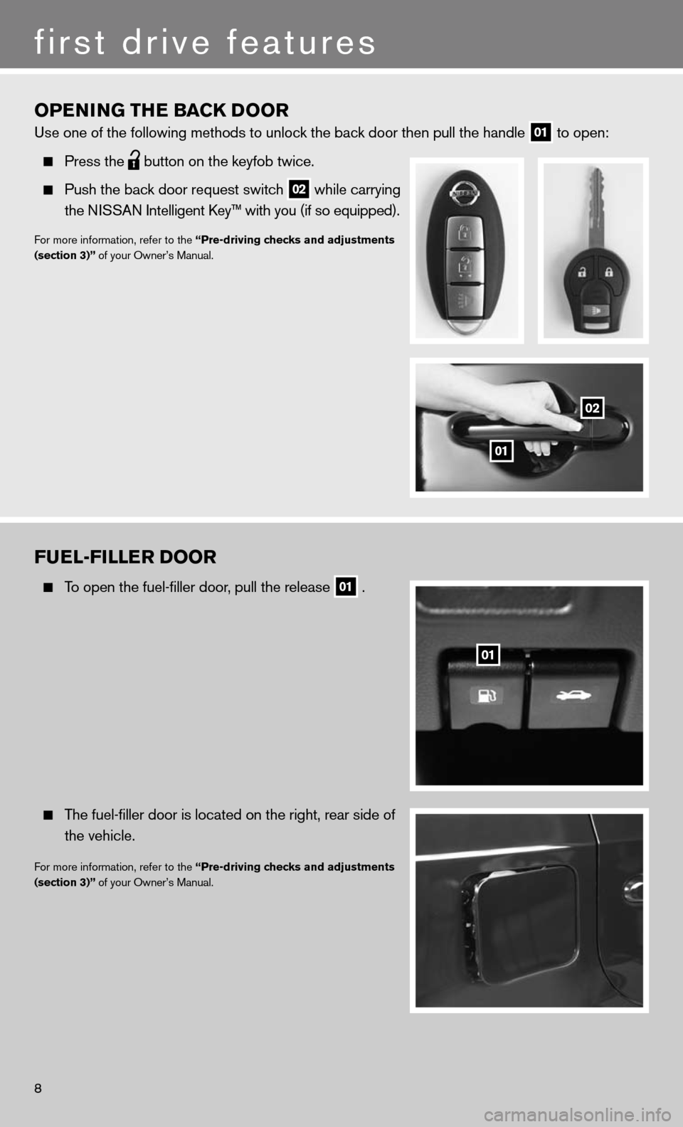 NISSAN CUBE 2011 3.G Quick Reference Guide OPeNING TH e BaCK DOOr
use one of the following methods to unlock the back door then pull the handle
 01 to open:
 
  Press the
  button on the keyfob twice.
 
  Push the back door request switch
 02 