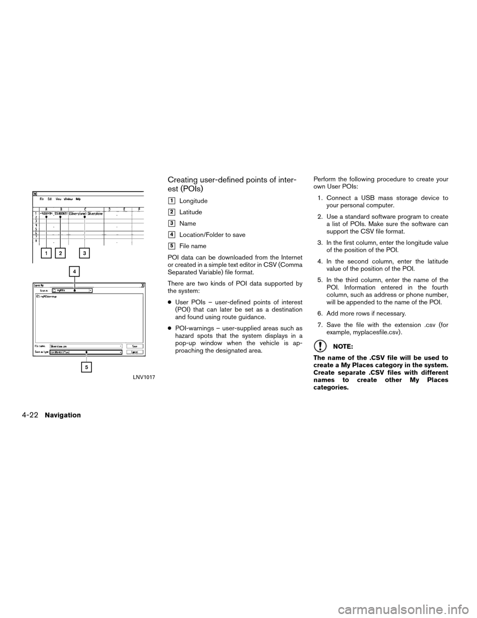 NISSAN VERSA 2011 1.G LC Navigation Manual Creating user-defined points of inter-
est (POIs)
1Longitude
2Latitude
3Name
4Location/Folder to save
5File name
POI data can be downloaded from the Internet
or created in a simple text editor in