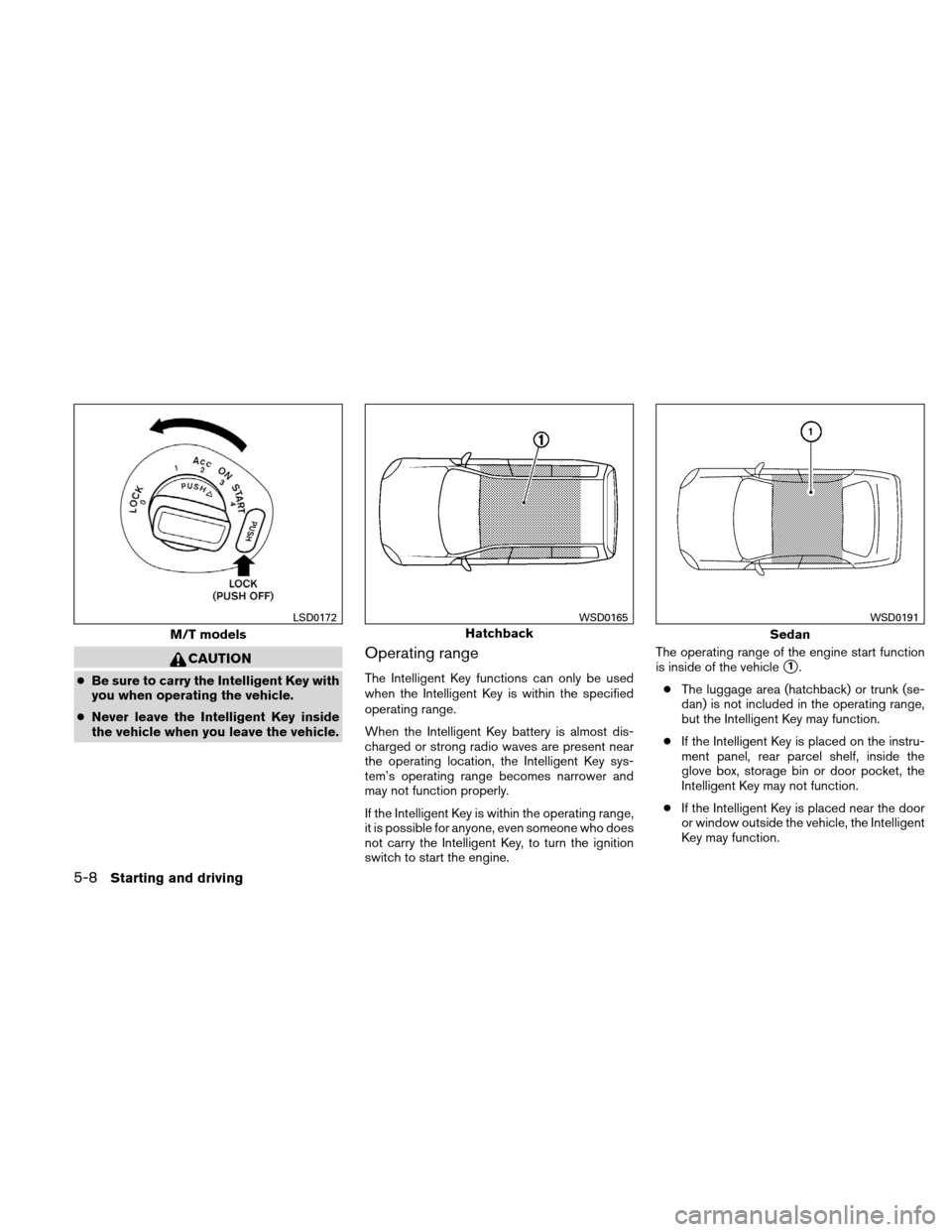 NISSAN VERSA HATCHBACK 2011 1.G Owners Manual CAUTION
●Be sure to carry the Intelligent Key with
you when operating the vehicle.
● Never leave the Intelligent Key inside
the vehicle when you leave the vehicle.
Operating range
The Intelligent 