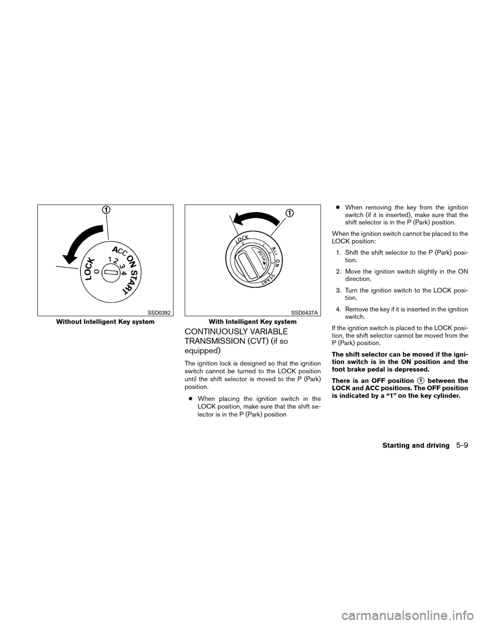 NISSAN VERSA HATCHBACK 2011 1.G Owners Manual CONTINUOUSLY VARIABLE
TRANSMISSION (CVT) (if so
equipped)
The ignition lock is designed so that the ignition
switch cannot be turned to the LOCK position
until the shift selector is moved to the P (Pa