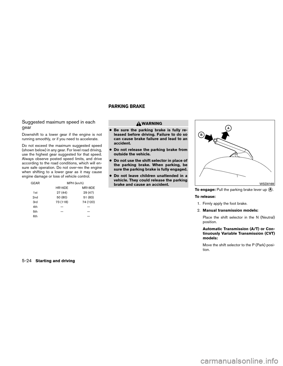 NISSAN VERSA HATCHBACK 2011 1.G Owners Manual Suggested maximum speed in each
gear
Downshift to a lower gear if the engine is not
running smoothly, or if you need to accelerate.
Do not exceed the maximum suggested speed
(shown below) in any gear.