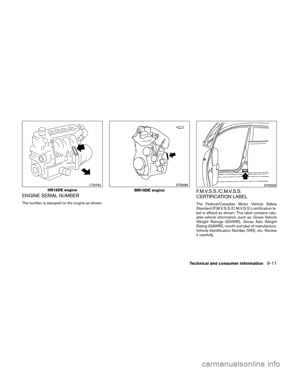 NISSAN VERSA HATCHBACK 2011 1.G Owners Manual ENGINE SERIAL NUMBER
The number is stamped on the engine as shown.
F.M.V.S.S./C.M.V.S.S.
CERTIFICATION LABEL
The Federal/Canadian Motor Vehicle Safety
Standard (F.M.V.S.S./C.M.V.S.S.) certification la NISSAN VERSA HATCHBACK 2011 1.G Owners Manual ENGINE SERIAL NUMBER
The number is stamped on the engine as shown.
F.M.V.S.S./C.M.V.S.S.
CERTIFICATION LABEL
The Federal/Canadian Motor Vehicle Safety
Standard (F.M.V.S.S./C.M.V.S.S.) certification la