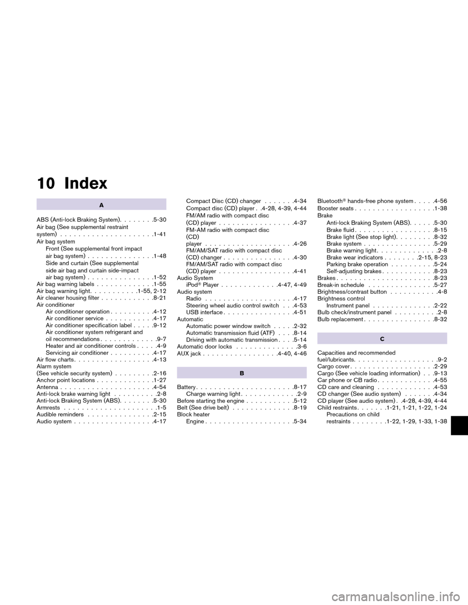 NISSAN VERSA HATCHBACK 2011 1.G Owners Manual 10 Index
A
ABS (Anti-lock Braking System) ........5-30
Air bag (See supplemental restraint
system) .....................1-41
Air bag system Front (See supplemental front impact
air bag system) .......