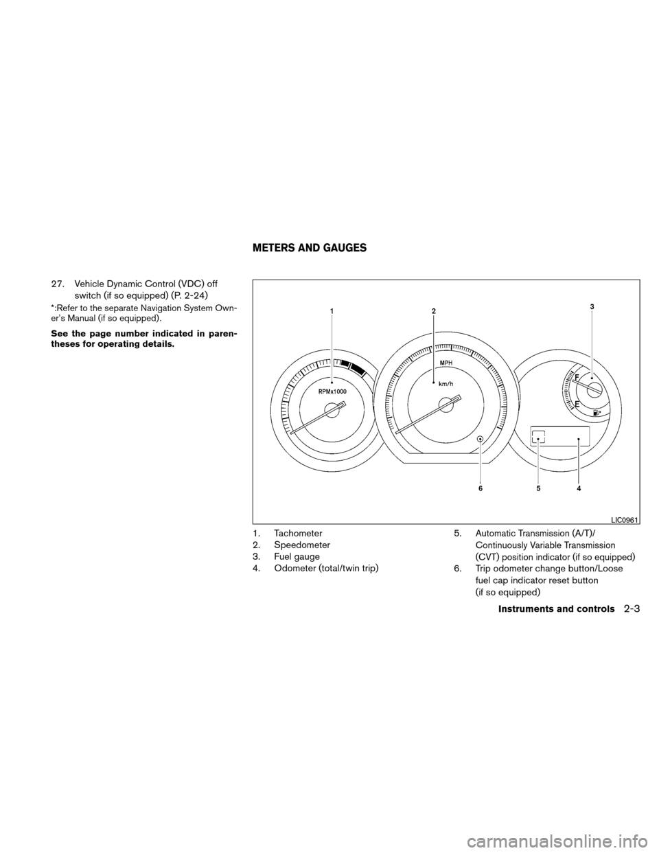 NISSAN VERSA HATCHBACK 2011 1.G Manual PDF 27. Vehicle Dynamic Control (VDC) offswitch (if so equipped) (P. 2-24)
*:Refer to the separate Navigation System Own-
er’s Manual (if so equipped) .
See the page number indicated in paren-
theses fo