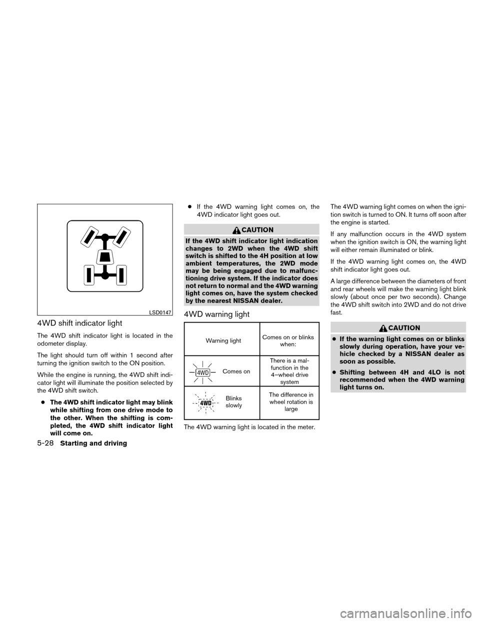 NISSAN XTERRA 2011 N50 / 2.G Owners Manual 4WD shift indicator light
The 4WD shift indicator light is located in the
odometer display.
The light should turn off within 1 second after
turning the ignition switch to the ON position.
While the en NISSAN XTERRA 2011 N50 / 2.G Owners Manual 4WD shift indicator light
The 4WD shift indicator light is located in the
odometer display.
The light should turn off within 1 second after
turning the ignition switch to the ON position.
While the en