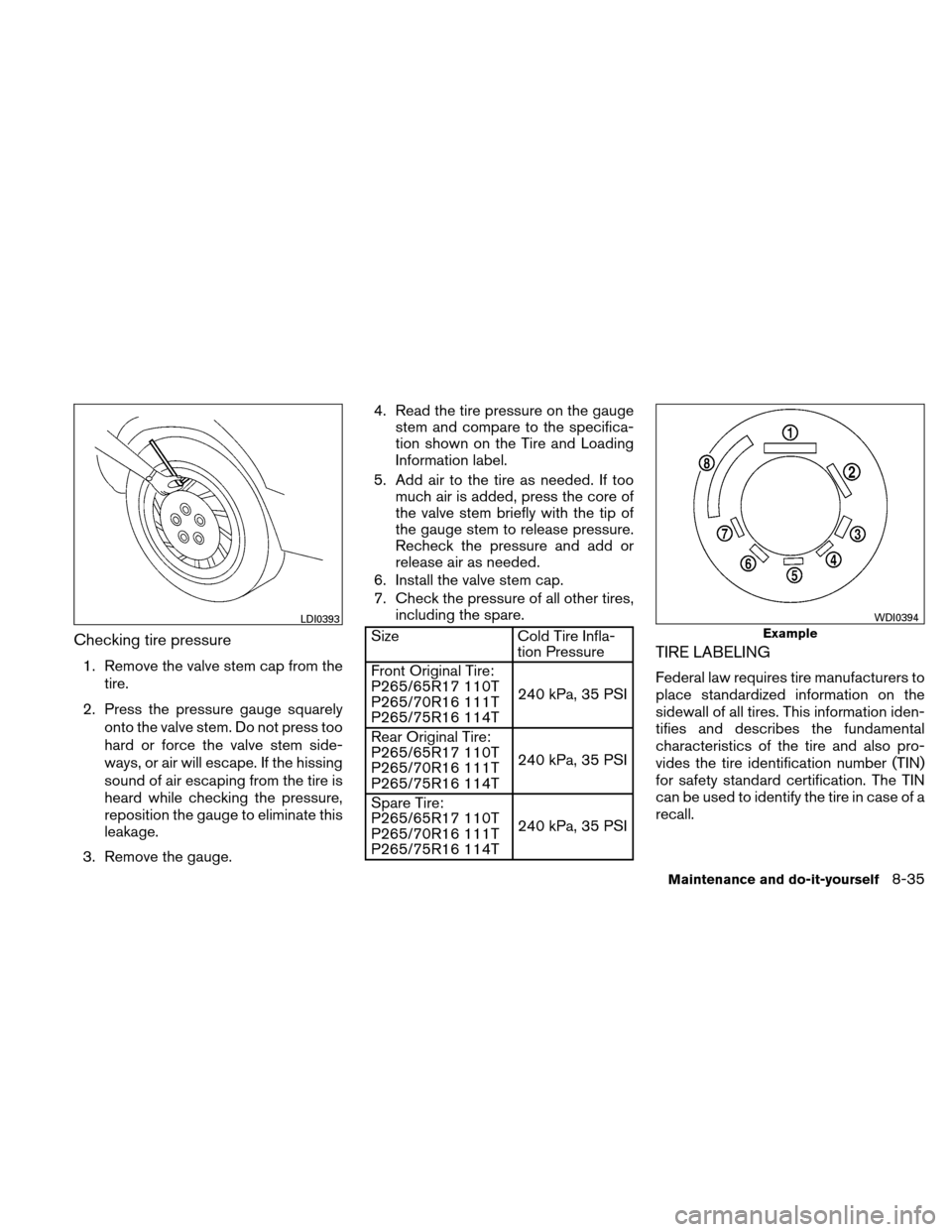 NISSAN XTERRA 2011 N50 / 2.G Owners Manual Checking tire pressure
1. Remove the valve stem cap from thetire.
2. Press the pressure gauge squarely onto the valve stem. Do not press too
hard or force the valve stem side-
ways, or air will escape