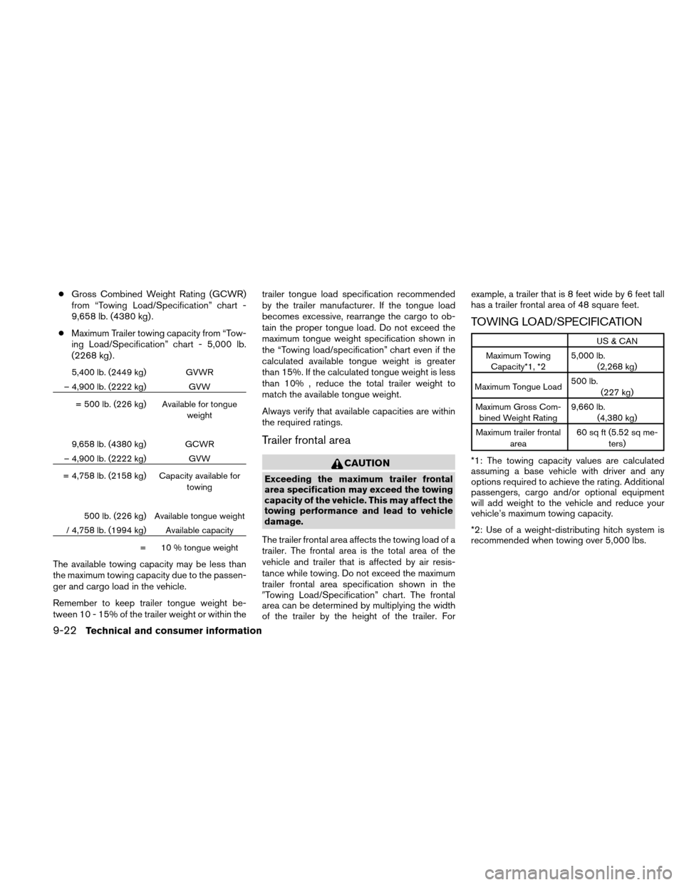 NISSAN XTERRA 2011 N50 / 2.G Owners Manual ●Gross Combined Weight Rating (GCWR)
from “Towing Load/Specification” chart -
9,658 lb. (4380 kg) .
● Maximum Trailer towing capacity from “Tow-
ing Load/Specification” chart - 5,000 lb.
(