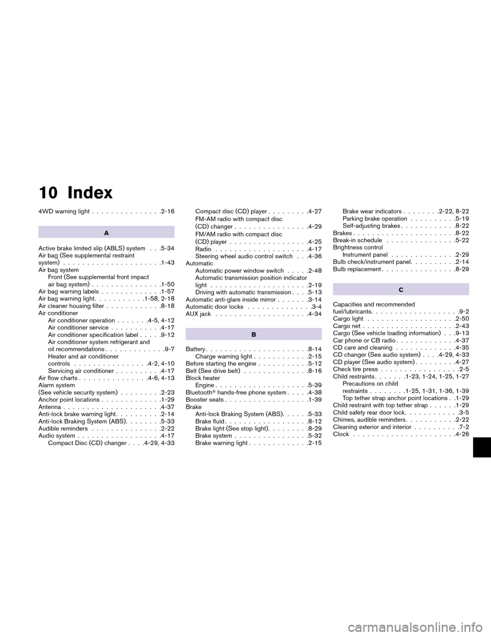 NISSAN XTERRA 2011 N50 / 2.G User Guide 10 Index
4WD warning light...............2-16
A
Active brake limited slip (ABLS) system . . .5-34
Air bag (See supplemental restraint
system) .....................1-43
Air bag system Front (See supple