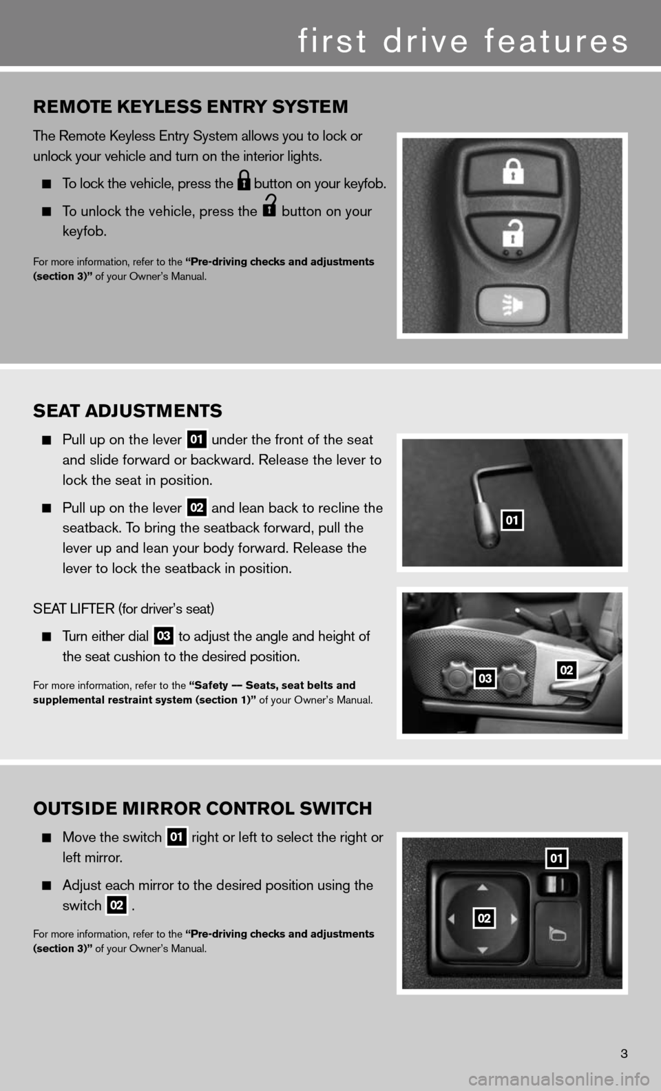 NISSAN XTERRA 2011 N50 / 2.G Quick Reference Guide rEmotE KEylE ss Entry systE m
The Remote keyless entry System allows you to lock or 
unlock your vehicle and turn on the interior lights.  
 
  To lock the vehicle, press the
  button on your keyfob.
