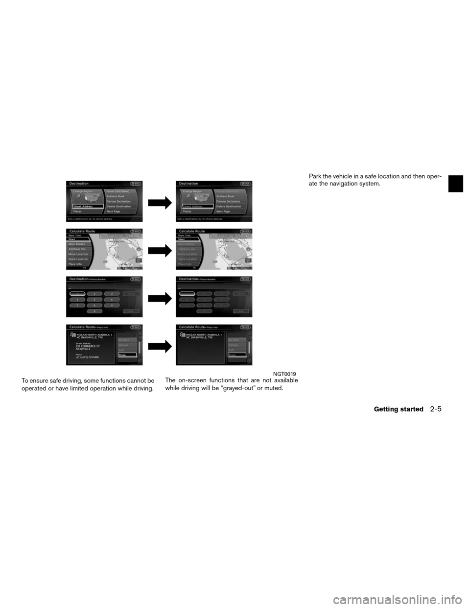NISSAN ALTIMA COUPE 2012 D32 / 4.G Navigation Manual To ensure safe driving, some functions cannot be
operated or have limited operation while driving.The on-screen functions that are not available
while driving will be “grayed-out” or muted.Park th