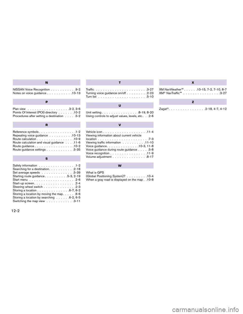 NISSAN ALTIMA COUPE 2012 D32 / 4.G Navigation Manual N
NISSAN Voice Recognition...........9-2
Notes on voice guidance ...........10-13
P
Plan view..................3-2, 3-6
Points Of Interest (POI) directory .......10-2
Procedures after setting a destin