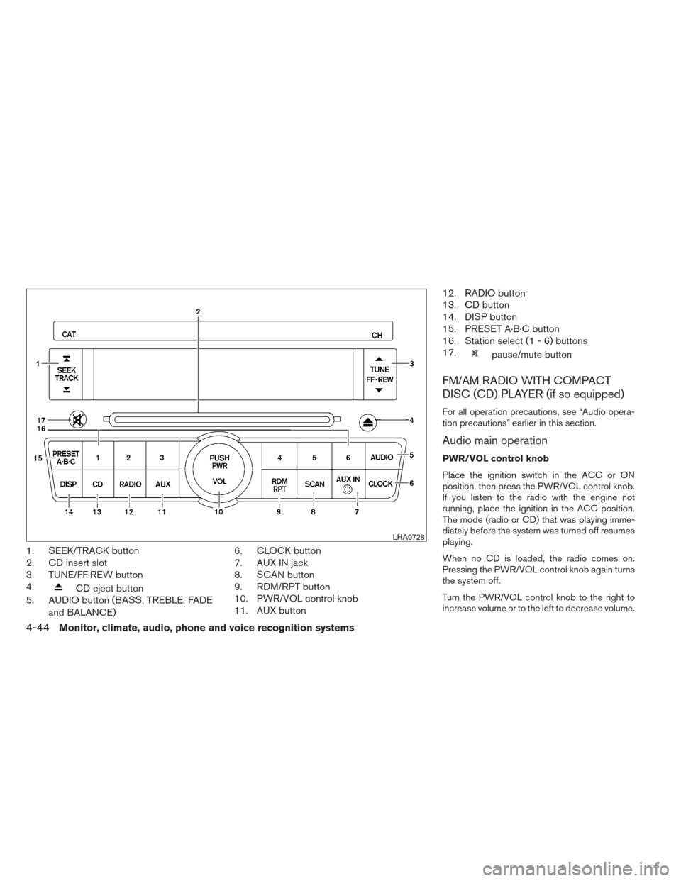 NISSAN ALTIMA COUPE 2012 D32 / 4.G Owners Manual 1. SEEK/TRACK button
2. CD insert slot
3. TUNE/FF·REW button
4.
CD eject button
5. AUDIO button (BASS, TREBLE, FADE
and BALANCE) 6. CLOCK button
7. AUX IN jack
8. SCAN button
9. RDM/RPT button
10. PW