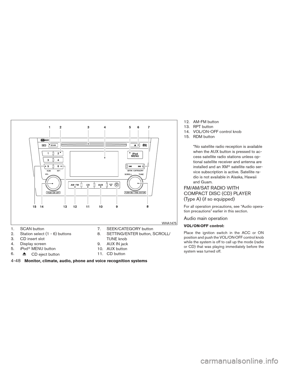 NISSAN ALTIMA COUPE 2012 D32 / 4.G Owners Manual 1. SCAN button
2. Station select (1 - 6) buttons
3. CD insert slot
4. Display screen
5. iPodMENU button
6.
CD eject button 7. SEEK/CATEGORY button
8. SETTING/ENTER button, SCROLL/
TUNE knob
9. AUX IN