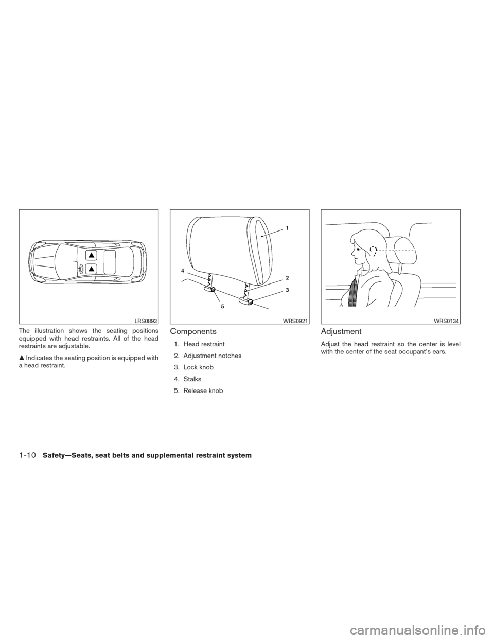 NISSAN ALTIMA COUPE 2012 D32 / 4.G Owners Manual The illustration shows the seating positions
equipped with head restraints. All of the head
restraints are adjustable.
Indicates the seating position is equipped with
a head restraint.Components
1. H