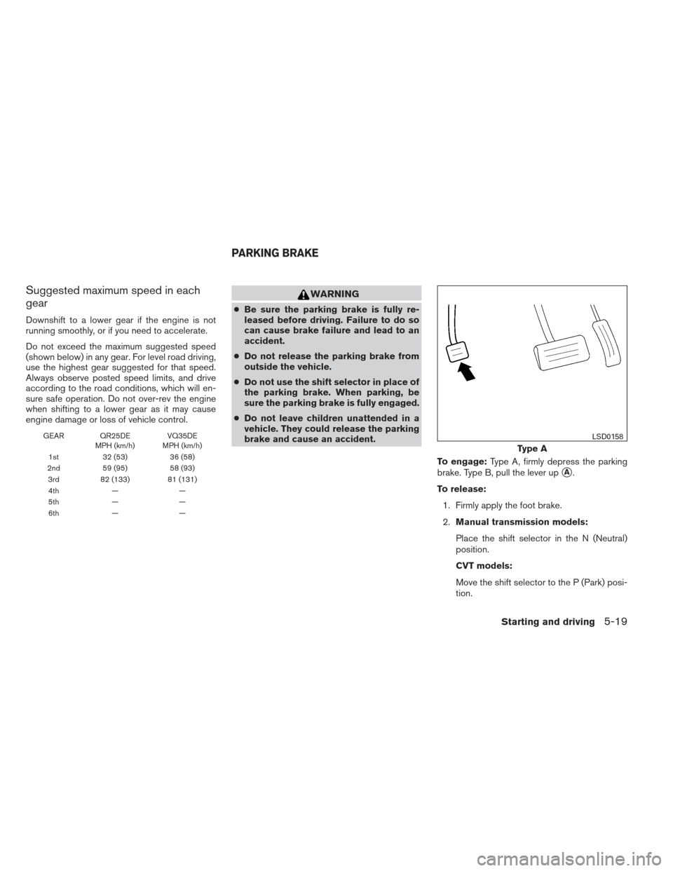 NISSAN ALTIMA COUPE 2012 D32 / 4.G Owners Manual Suggested maximum speed in each
gear
Downshift to a lower gear if the engine is not
running smoothly, or if you need to accelerate.
Do not exceed the maximum suggested speed
(shown below) in any gear.