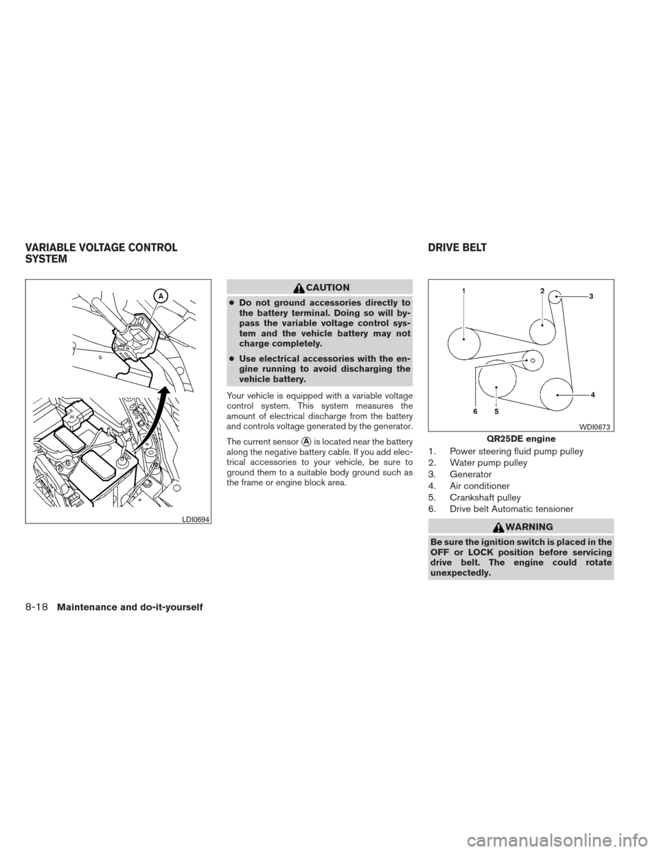 NISSAN ALTIMA COUPE 2012 D32 / 4.G User Guide CAUTION
●Do not ground accessories directly to
the battery terminal. Doing so will by-
pass the variable voltage control sys-
tem and the vehicle battery may not
charge completely.
● Use electrica