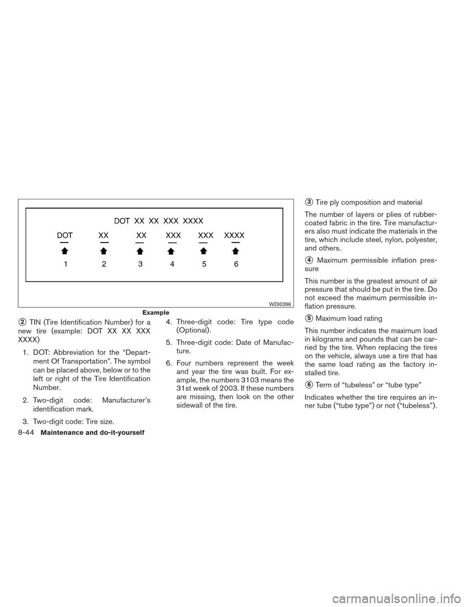 NISSAN ALTIMA COUPE 2012 D32 / 4.G Owners Manual 2TIN (Tire Identification Number) for a
new tire (example: DOT XX XX XXX
XXXX)
1. DOT: Abbreviation for the “Depart- ment Of Transportation”. The symbol
can be placed above, below or to the
left 