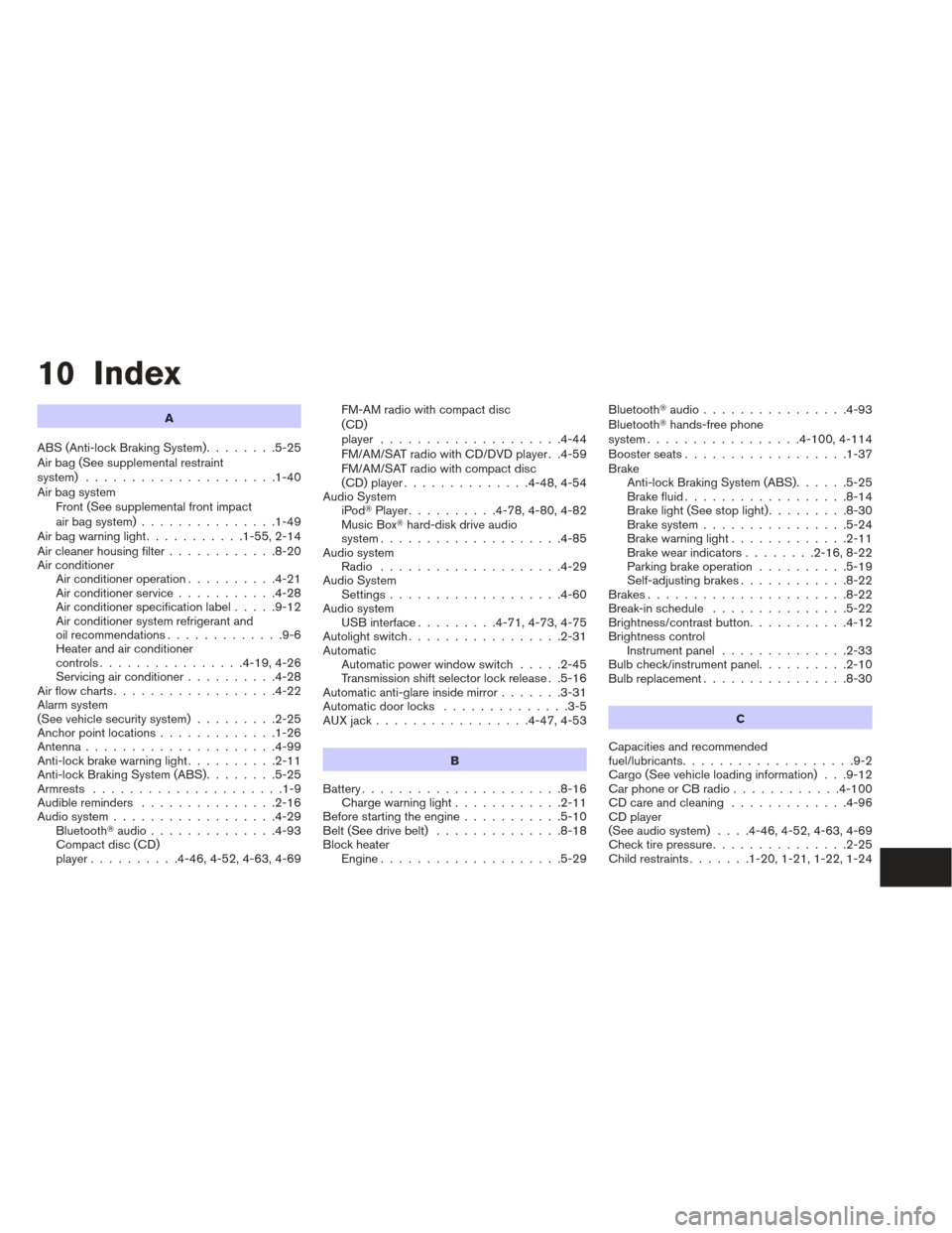 NISSAN ALTIMA COUPE 2012 D32 / 4.G User Guide 10 Index
A
ABS (Anti-lock Braking System) ........5-25
Air bag (See supplemental restraint
system) .....................1-40
Air bag system Front (See supplemental front impact
air bag system) .......