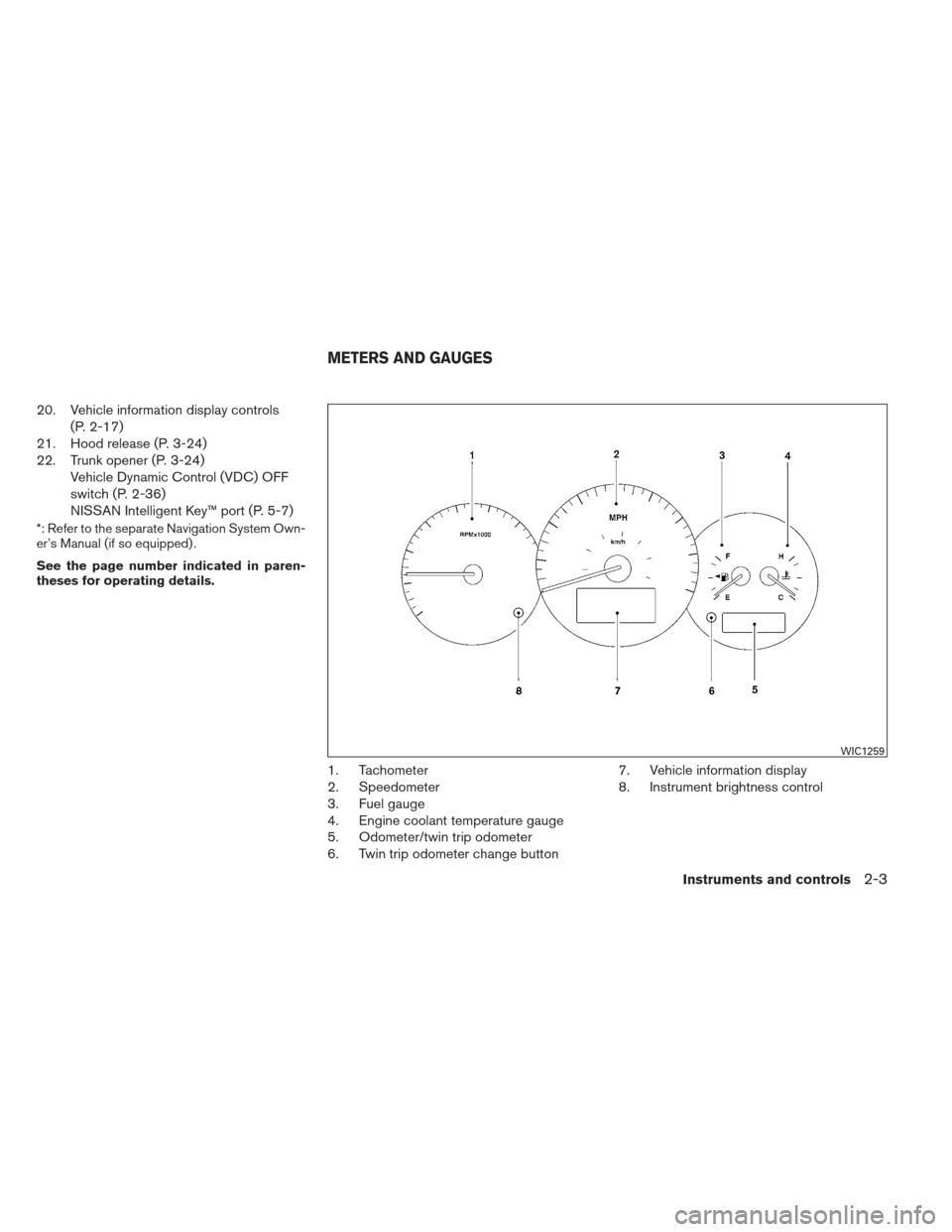 NISSAN ALTIMA COUPE 2012 D32 / 4.G Manual PDF 20. Vehicle information display controls(P. 2-17)
21. Hood release (P. 3-24)
22. Trunk opener (P. 3-24) Vehicle Dynamic Control (VDC) OFF
switch (P. 2-36)
NISSAN Intelligent Key™ port (P. 5-7)
*: Re