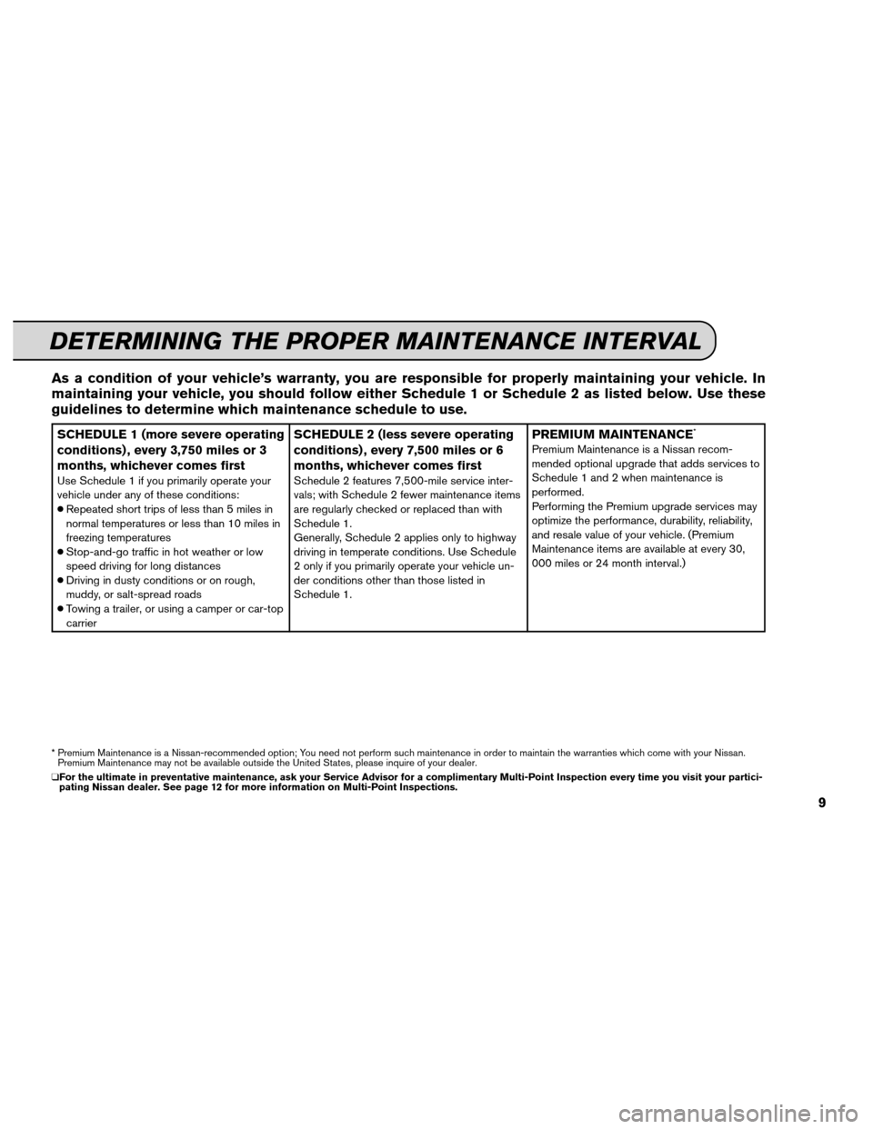 NISSAN XTERRA 2012 N50 / 2.G Service And Maintenance Guide As a condition of your vehicle’s warranty, you are responsible for properly maintaining your vehicle. In
maintaining your vehicle, you should follow either Schedule 1 or Schedule 2 as listed below. 