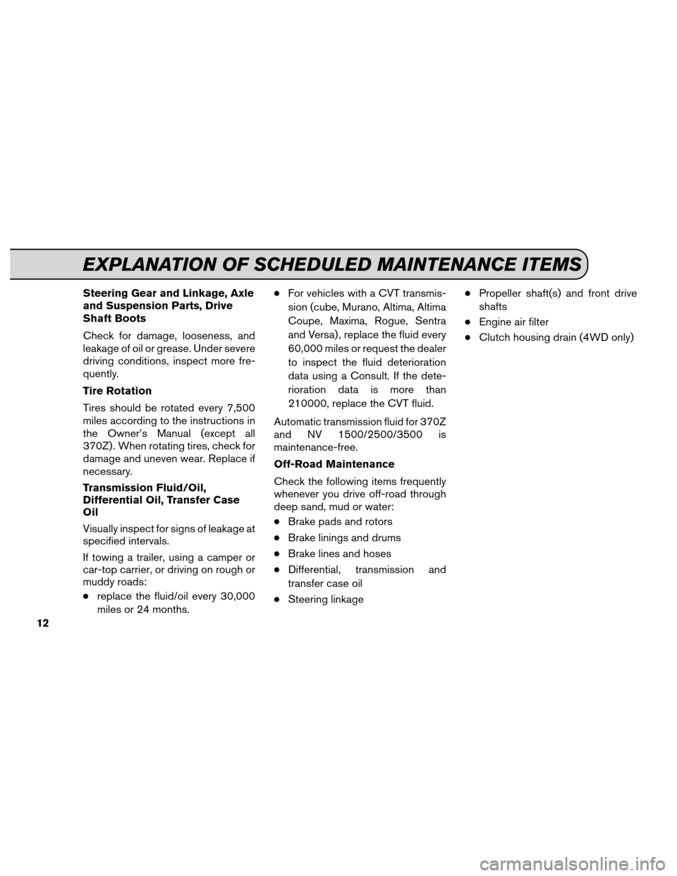 NISSAN XTERRA 2012 N50 / 2.G Service And Maintenance Guide Steering Gear and Linkage, Axle
and Suspension Parts, Drive
Shaft Boots
Check for damage, looseness, and
leakage of oil or grease. Under severe
driving conditions, inspect more fre-
quently.
Tire Rota
