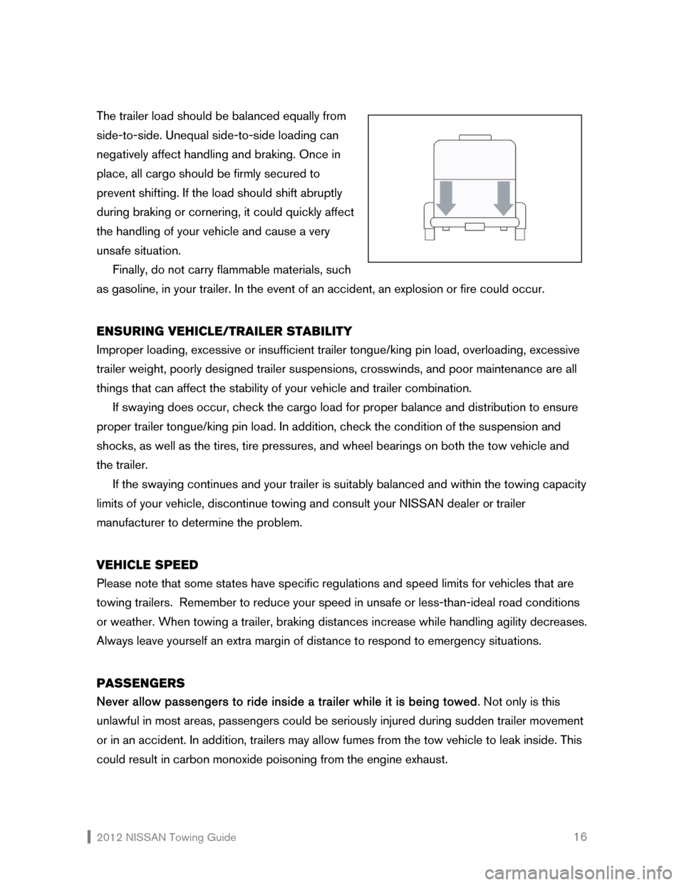 NISSAN MURANO 2012 2.G Towing Guide  2012 NISSAN Towing Guide    16 The trailer load should be balanced equally from 
side-to-side. Unequal side-to-side loading can 
negatively affect handling and braking. Once in 
place, all cargo shou