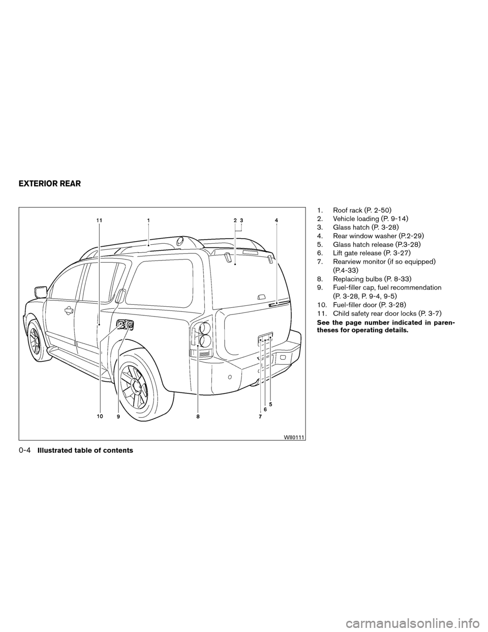 NISSAN ARMADA 2012 1.G Owners Manual 1. Roof rack (P. 2-50)
2. Vehicle loading (P. 9-14)
3. Glass hatch (P. 3-28)
4. Rear window washer (P.2-29)
5. Glass hatch release (P.3-28)
6. Lift gate release (P. 3-27)
7. Rearview monitor (if so eq