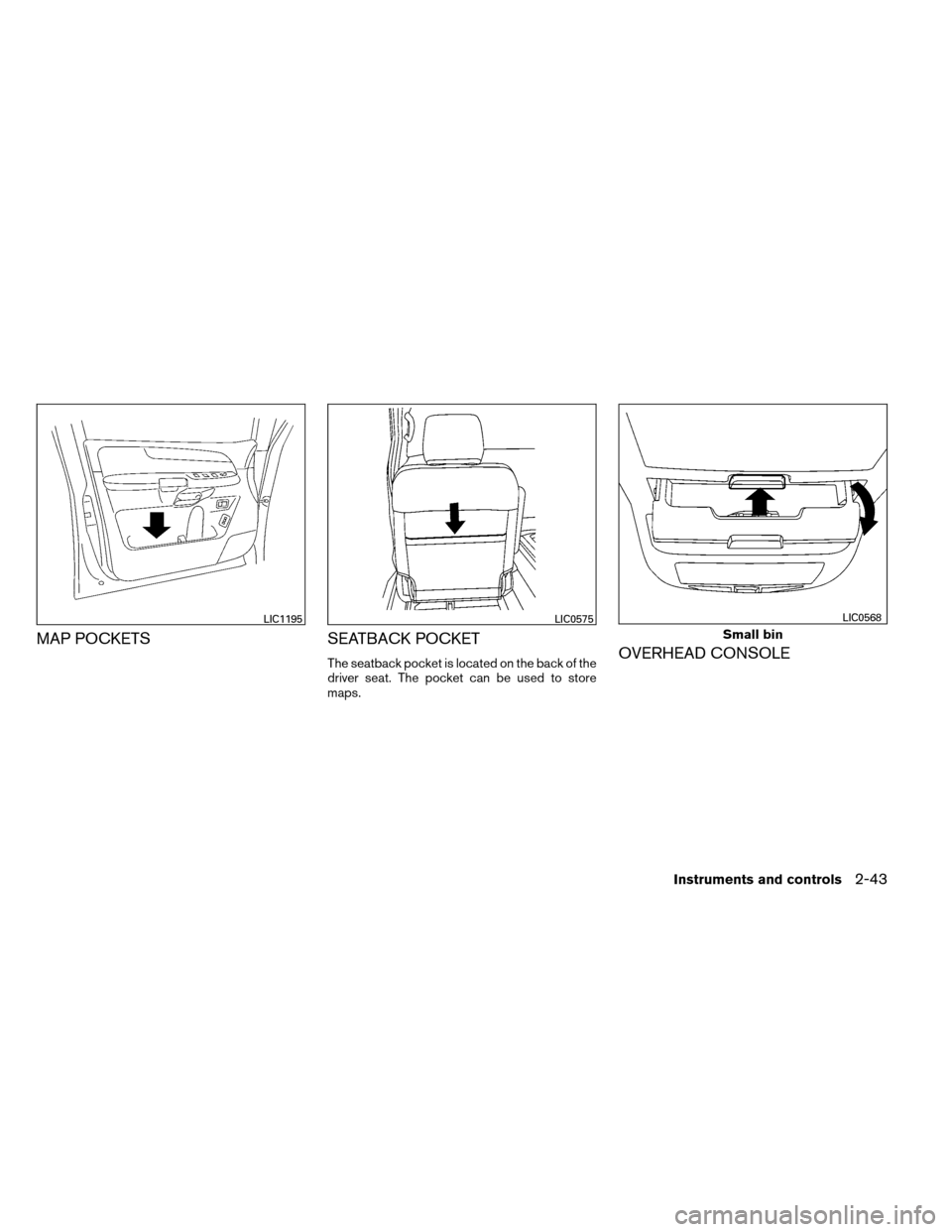 NISSAN ARMADA 2012 1.G Owners Manual MAP POCKETSSEATBACK POCKET
The seatback pocket is located on the back of the
driver seat. The pocket can be used to store
maps.OVERHEAD CONSOLE
LIC1195LIC0575
Small bin
LIC0568
Instruments and control