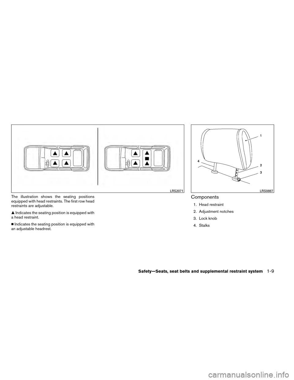 NISSAN ARMADA 2012 1.G Owners Manual The illustration shows the seating positions
equipped with head restraints. The first row head
restraints are adjustable.
Indicates the seating position is equipped with
a head restraint.
 Indicates