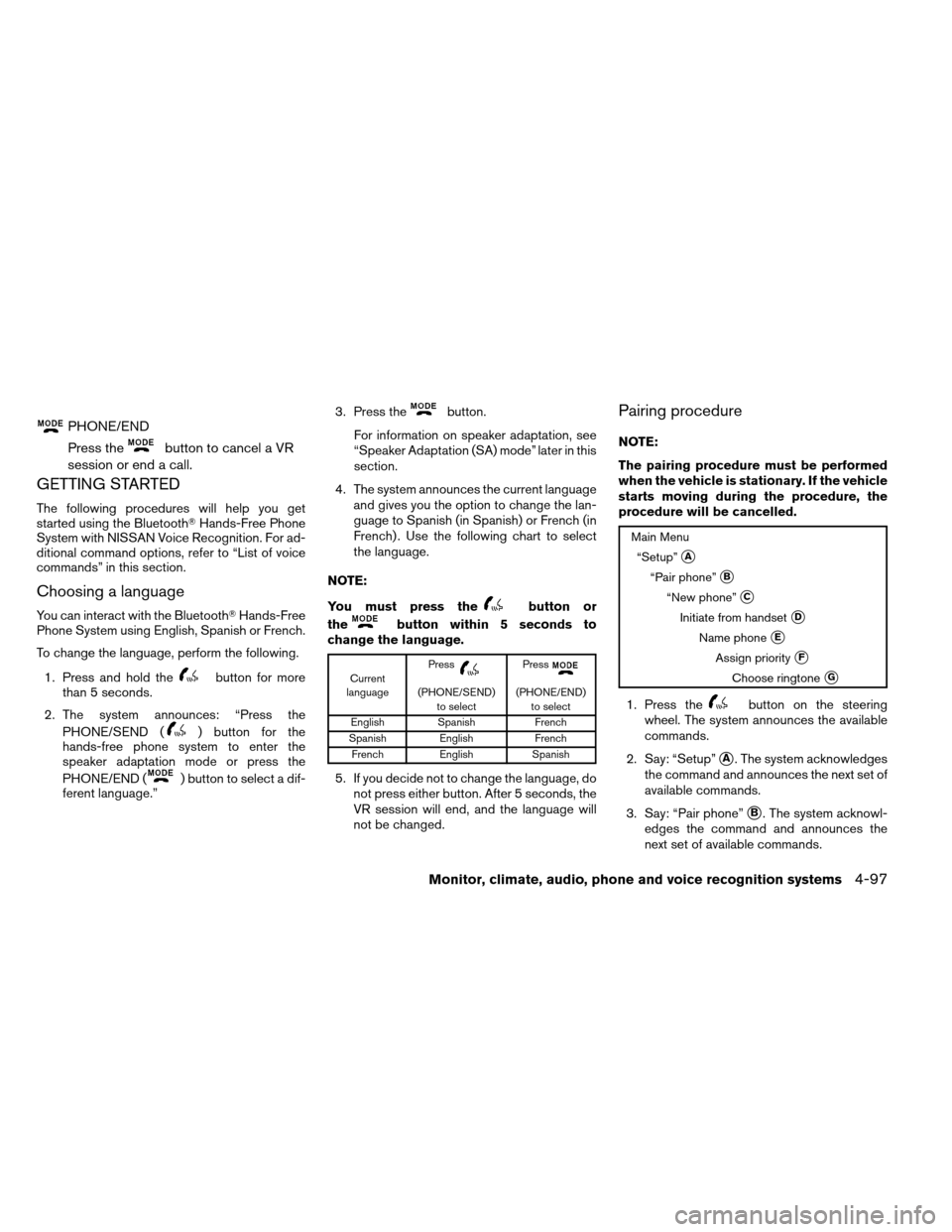 NISSAN ARMADA 2012 1.G Owners Manual PHONE/END
Press the
button to cancel a VR
session or end a call.
GETTING STARTED
The following procedures will help you get
started using the Bluetooth Hands-Free Phone
System with NISSAN Voice Recog