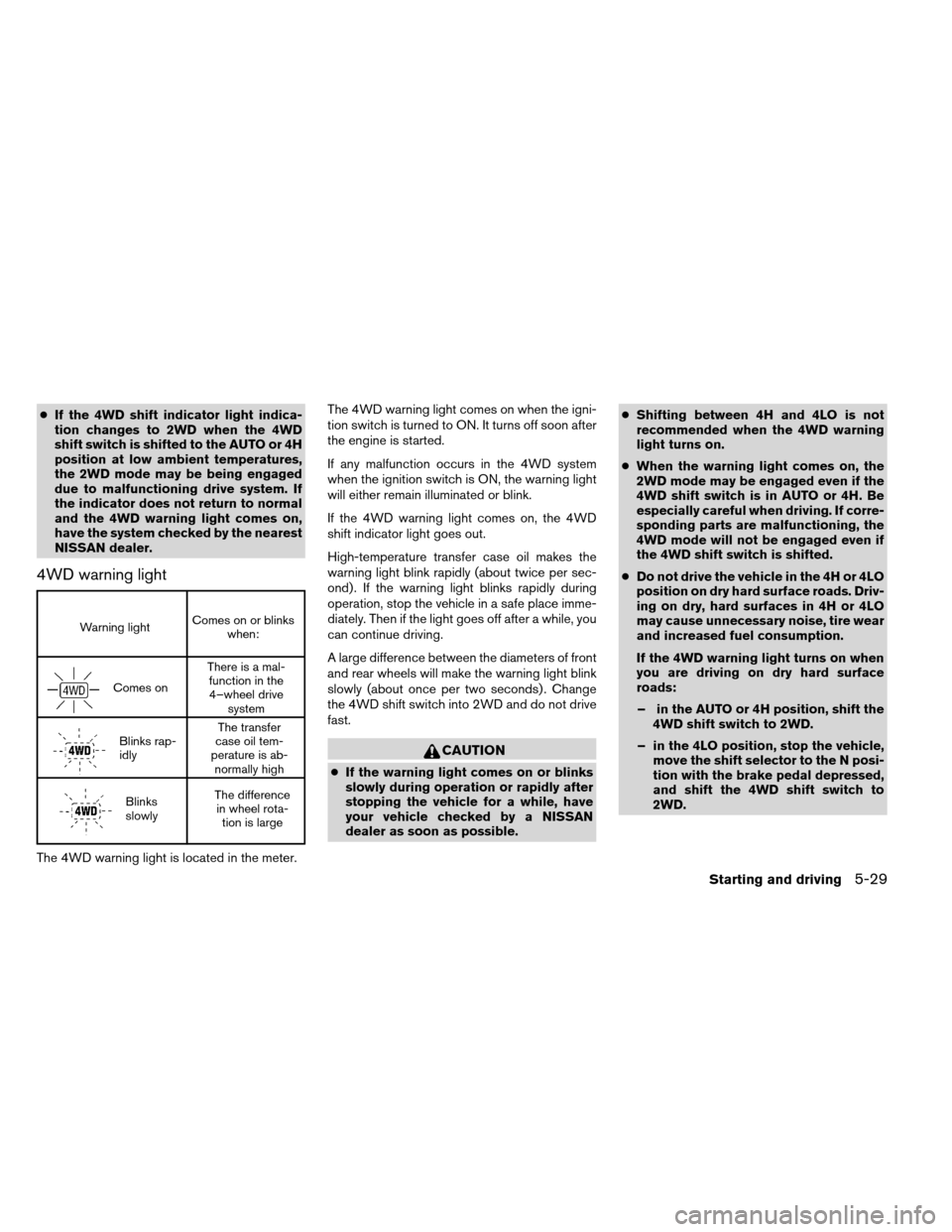 NISSAN ARMADA 2012 1.G User Guide ●If the 4WD shift indicator light indica-
tion changes to 2WD when the 4WD
shift switch is shifted to the AUTO or 4H
position at low ambient temperatures,
the 2WD mode may be being engaged
due to ma