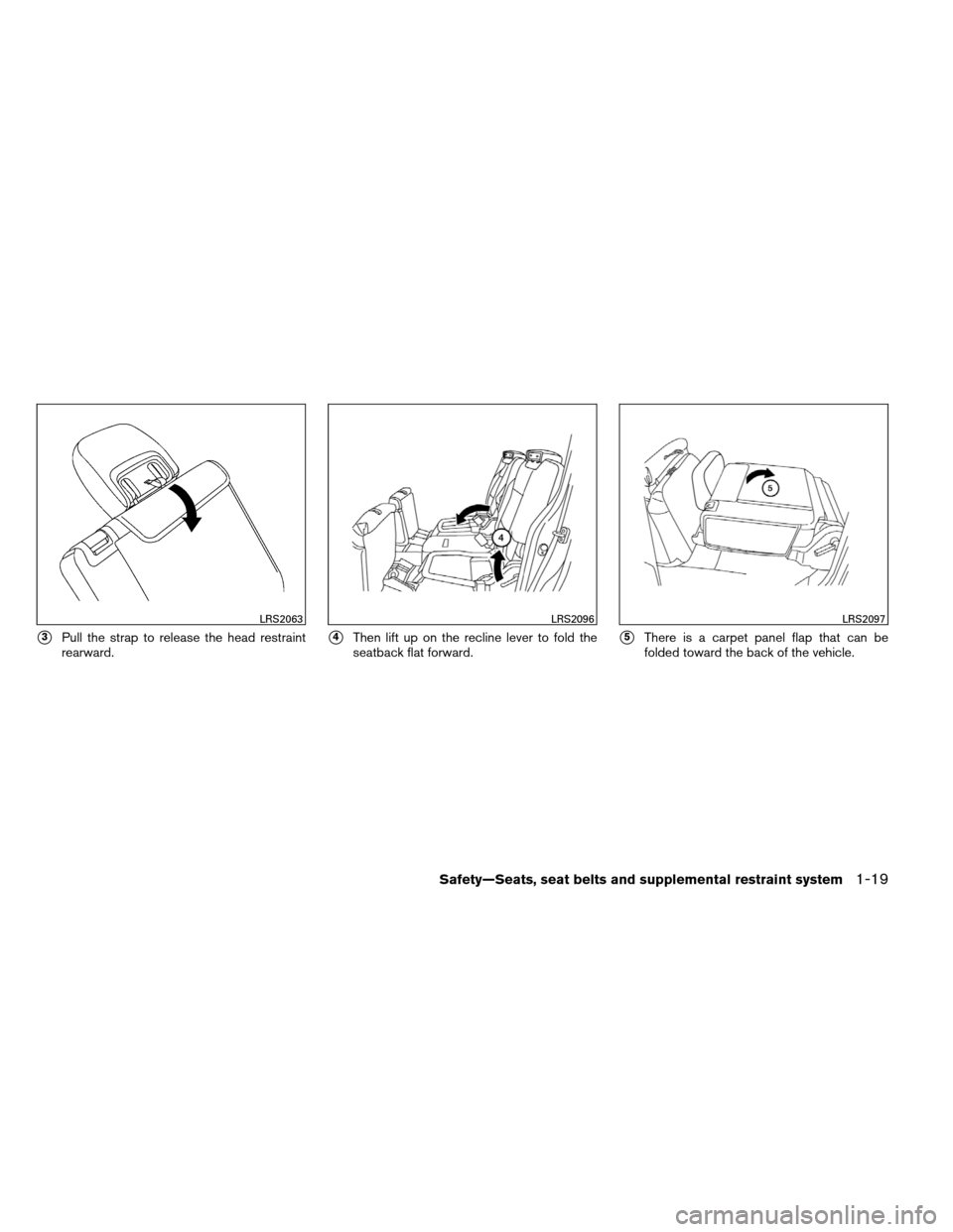 NISSAN ARMADA 2012 1.G Owners Guide 3Pull the strap to release the head restraint
rearward.4Then lift up on the recline lever to fold the
seatback flat forward.5There is a carpet panel flap that can be
folded toward the back of the v