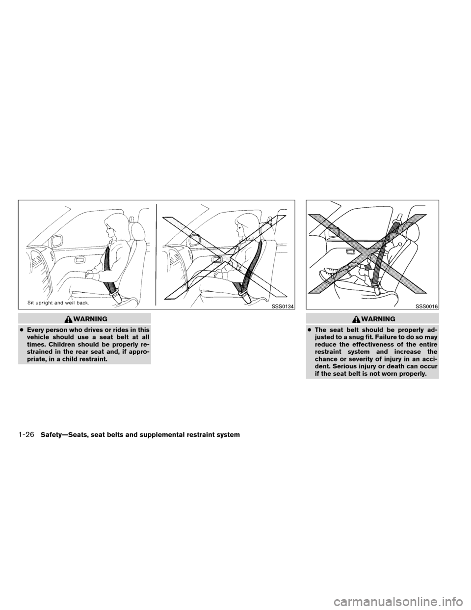 NISSAN ARMADA 2012 1.G Service Manual WARNING
●Every person who drives or rides in this
vehicle should use a seat belt at all
times. Children should be properly re-
strained in the rear seat and, if appro-
priate, in a child restraint.
