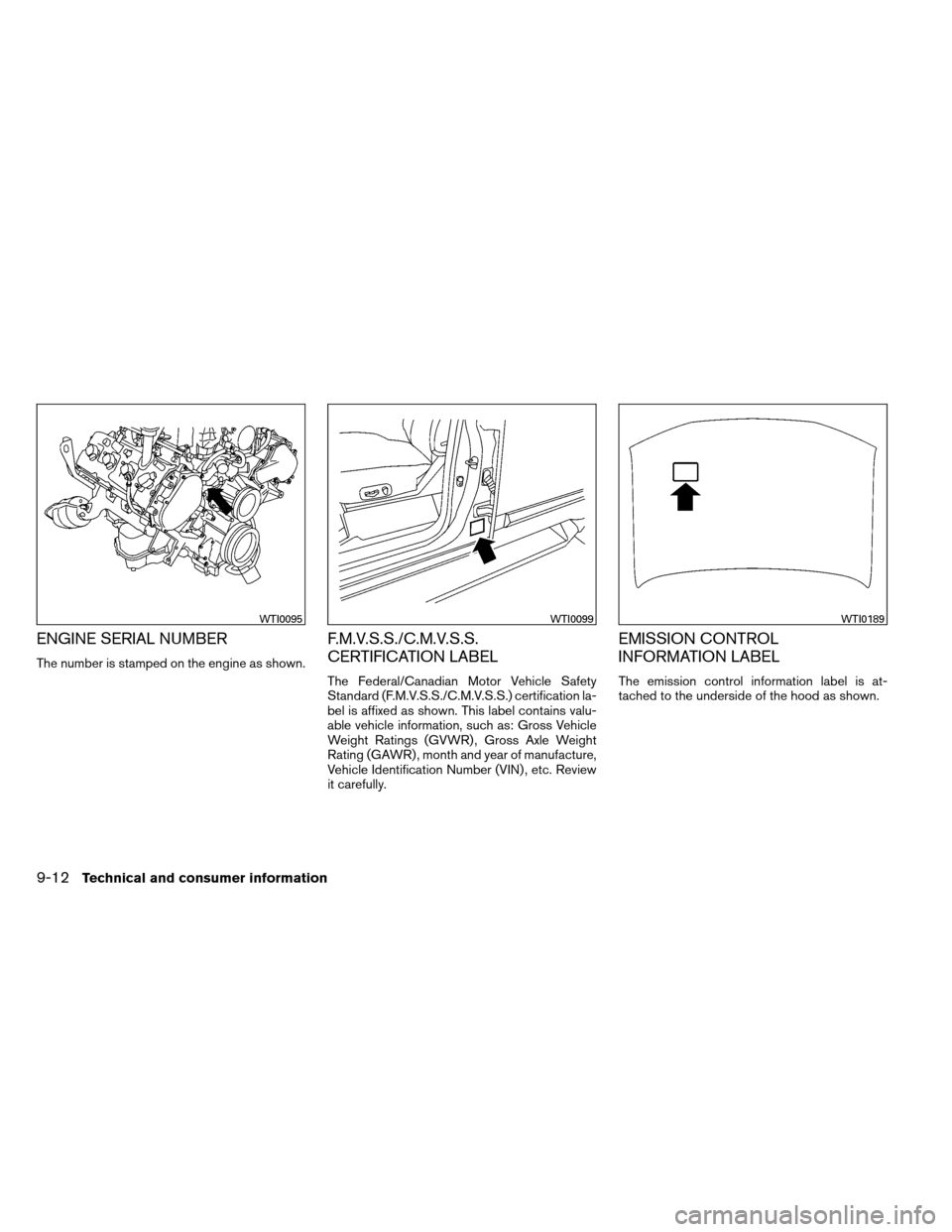 NISSAN ARMADA 2012 1.G Owners Manual ENGINE SERIAL NUMBER
The number is stamped on the engine as shown.
F.M.V.S.S./C.M.V.S.S.
CERTIFICATION LABEL
The Federal/Canadian Motor Vehicle Safety
Standard (F.M.V.S.S./C.M.V.S.S.) certification la NISSAN ARMADA 2012 1.G Owners Manual ENGINE SERIAL NUMBER
The number is stamped on the engine as shown.
F.M.V.S.S./C.M.V.S.S.
CERTIFICATION LABEL
The Federal/Canadian Motor Vehicle Safety
Standard (F.M.V.S.S./C.M.V.S.S.) certification la