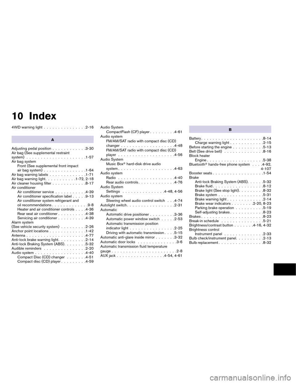 NISSAN ARMADA 2012 1.G Owners Manual 10 Index
4WD warning light...............2-16
A
Adjusting pedal position ............3-30
Air bag (See supplemental restraint
system) .....................1-57
Air bag system Front (See supplemental f