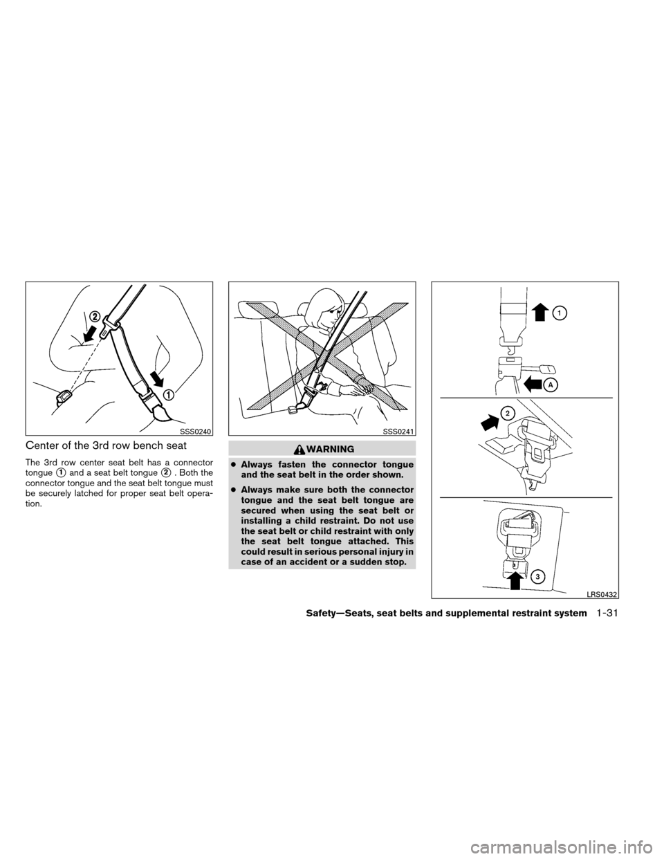 NISSAN ARMADA 2012 1.G Owners Manual Center of the 3rd row bench seat
The 3rd row center seat belt has a connector
tongue
1and a seat belt tongue2. Both the
connector tongue and the seat belt tongue must
be securely latched for proper 