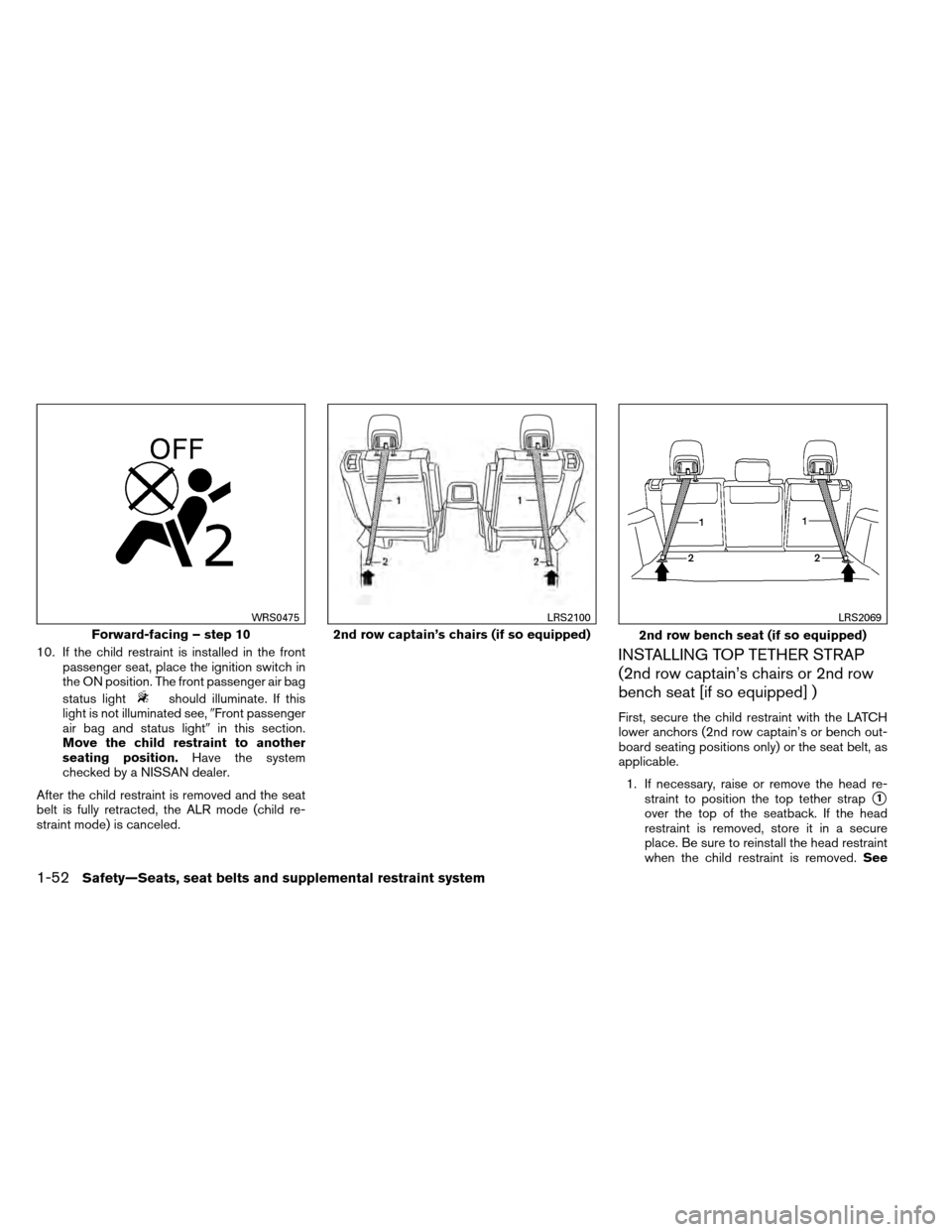 NISSAN ARMADA 2012 1.G Manual PDF 10. If the child restraint is installed in the frontpassenger seat, place the ignition switch in
the ON position. The front passenger air bag
status light
should illuminate. If this
light is not illum