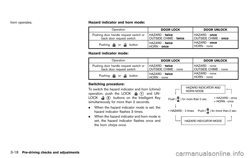 NISSAN CUBE 2012 3.G Owners Manual 3-18Pre-driving checks and adjustments
horn operates.Hazard indicator and horn mode:
Operation
DOOR LOCK DOOR UNLOCK
Pushing door handle request switch or back door request switch HAZARD -
twice
OUTSI