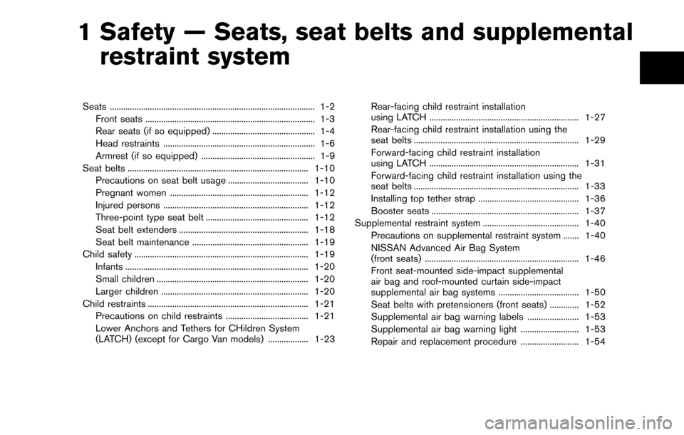 NISSAN CUBE 2012 3.G User Guide 1 Safety — Seats, seat belts and supplementalrestraint system
Seats ........................................................................\
.................... 1-2
Front seats ...................