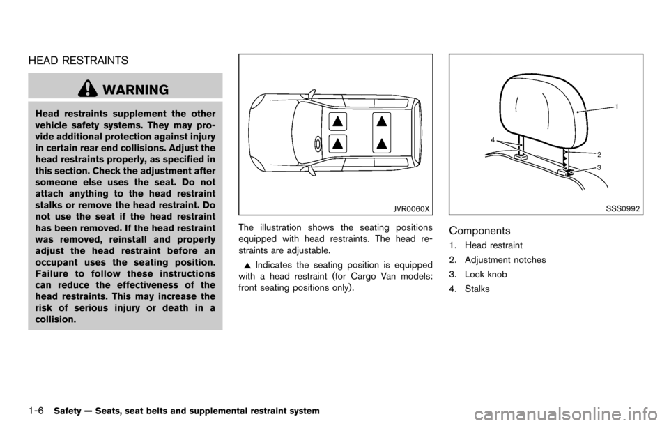 NISSAN CUBE 2012 3.G Owners Manual 1-6Safety — Seats, seat belts and supplemental restraint system
HEAD RESTRAINTS
WARNING
Head restraints supplement the other
vehicle safety systems. They may pro-
vide additional protection against NISSAN CUBE 2012 3.G Owners Manual 1-6Safety — Seats, seat belts and supplemental restraint system
HEAD RESTRAINTS
WARNING
Head restraints supplement the other
vehicle safety systems. They may pro-
vide additional protection against